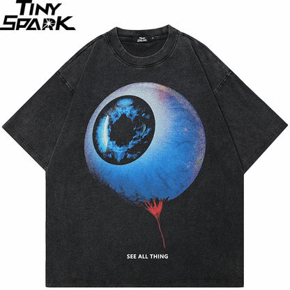 Black cotton hip hop retro t shirt featuring a large blue eye streetwear big eyeball graphic and see all thing text by tiny spark tees dope y2k