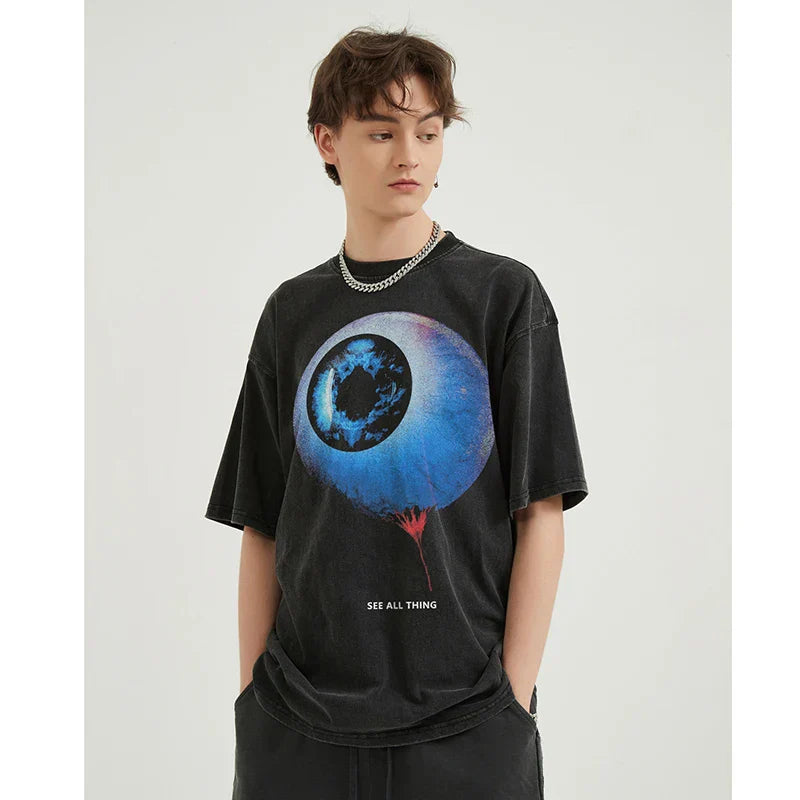 Black oversized cotton t-shirt featuring a large blue eye with red drips and see all thing text for hip hop retro streetwear big eyeball tees dope y2k