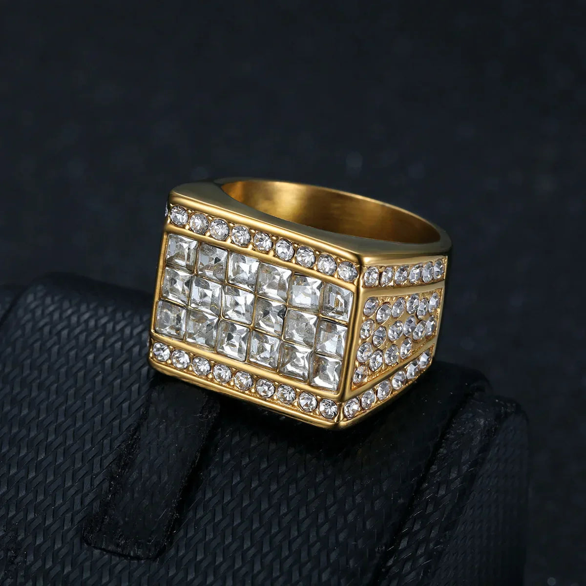 Gold-toned hip hop rhinestone stainless steel geometric square ring for men rapper jewelry with clear faceted crystals