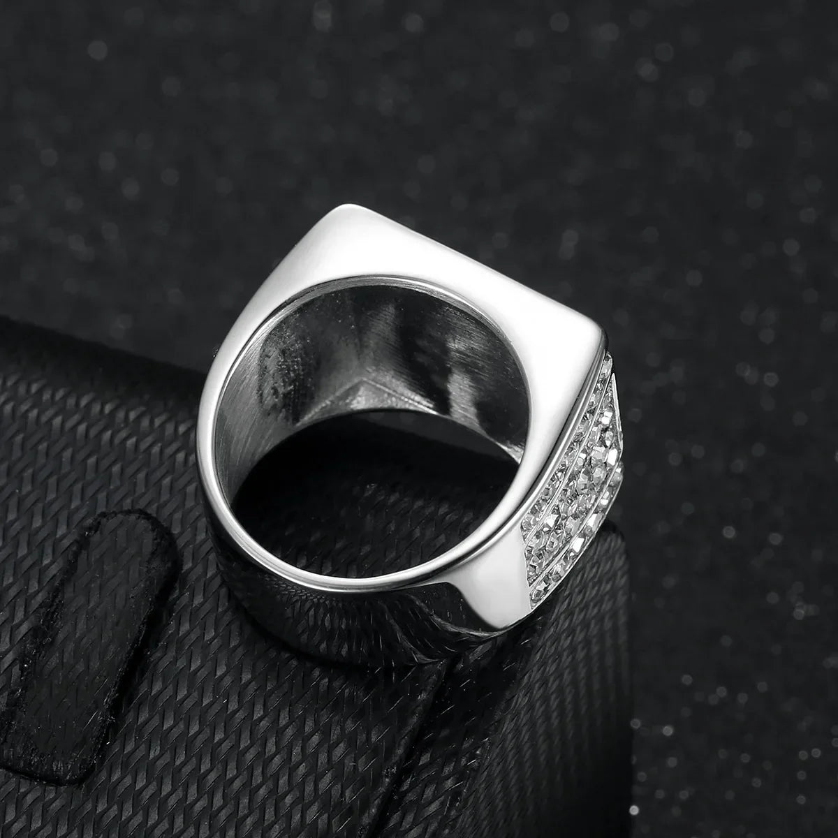 Silver hip hop rhinestone paved stainless steel geometric square ring for men rapper jewelry with sparkling stones