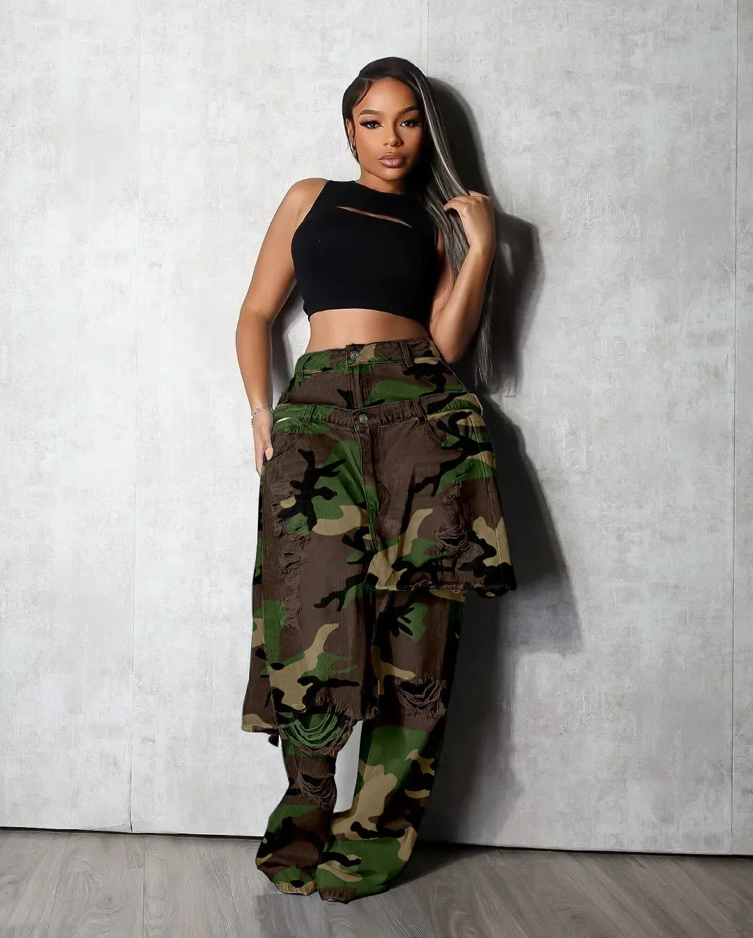 Wide-leg hip hop ripped camouflage print jeans in distressed layered design high waist elegant camo denim pants