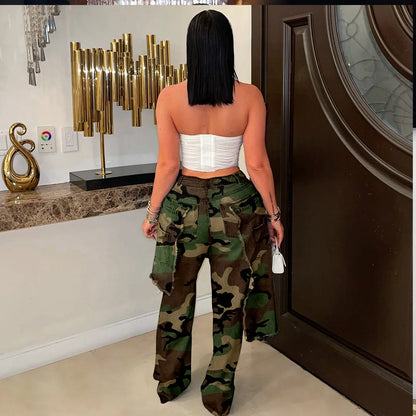 Green brown and black hip hop ripped camouflage print jeans stretch pants with high waist and straight cut for women