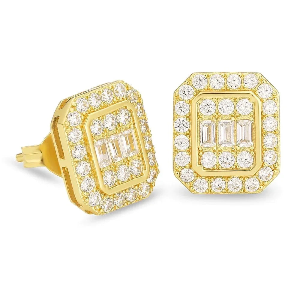 Gold-tone rectangular stud earrings with cubic zirconia bling pave setting for cartilage accessories homme hippie jewelry wholesale
