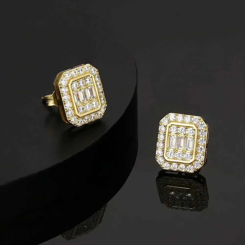 Gold-tone rectangular stud earrings with cubic zirconia bling pave setting for cartilage accessories homme hippie jewelry wholesale