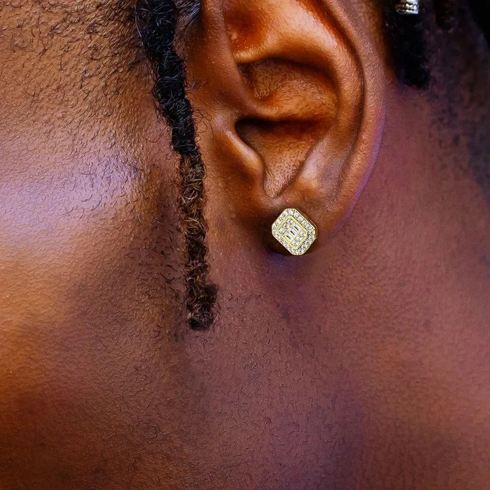 Gold-toned hexagonal stud earring iced out with cubic zirconia bling for cartilage accessories homme hippie jewelry wholesale