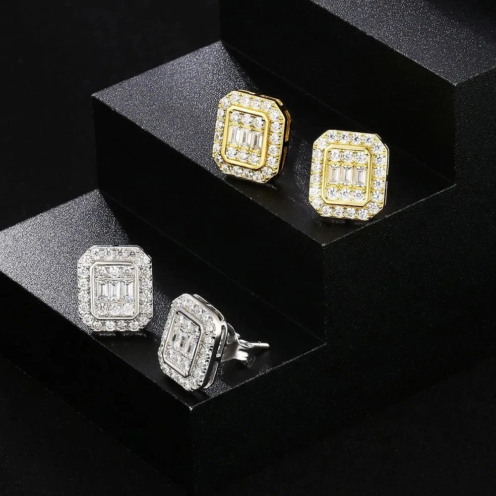 A pair of square stud earrings with central baguette cubic zirconia bling in silver-toned cartilage accessories homme hippie jewelry wholesale