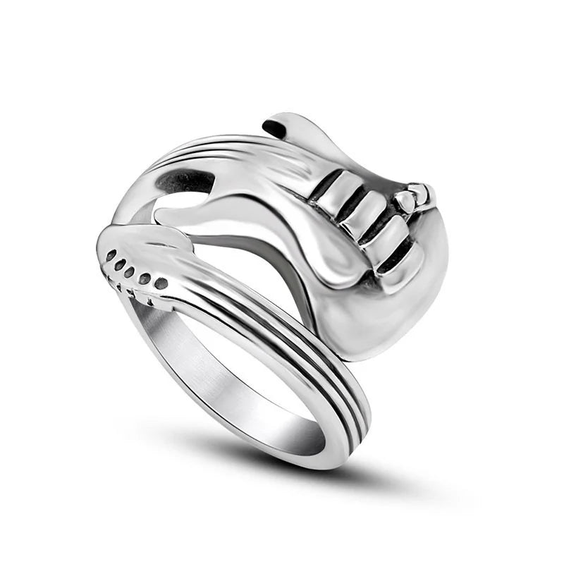 Stylish silver stainless steel hip hop rock guitar men’s ring featuring detailed interlocked hand sculpture trend adjustable finger ring