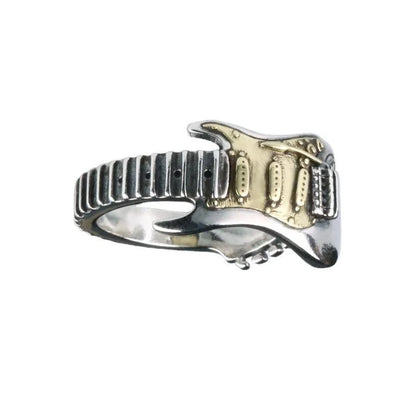 Stainless steel hip hop rock guitar men’s ring with silver body and gold pickups trend adjustable finger accessory