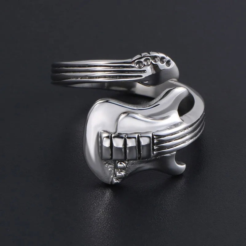 Silver hip hop rock guitar men’s ring with polished metallic finish and detailed fretboard trend adjustable finger jewelry