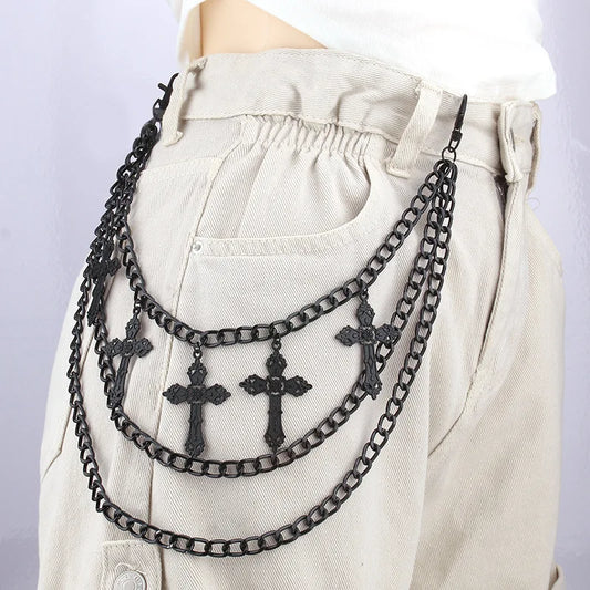 Black metal hip hop rock cross waist chain with ornate multi-layer crosses metal body chain accessory for women men