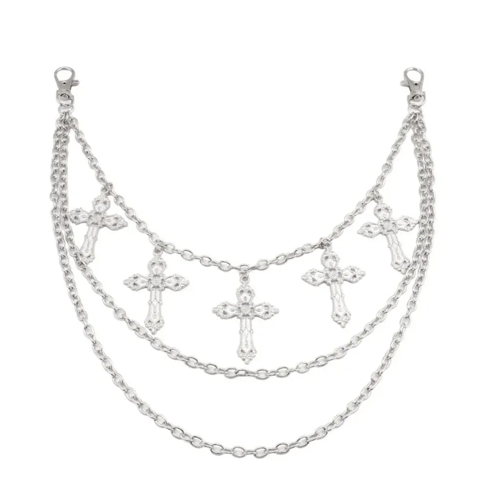 Silver metal body chain with five ornate cross pendants hip hop rock cross waist chain for men and women pants