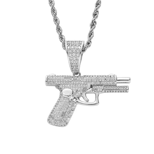 Silver gun pendant necklace rapper with dense pavé clear cubic zirconia rhinestone inlaid hip hop rock rhinestone design