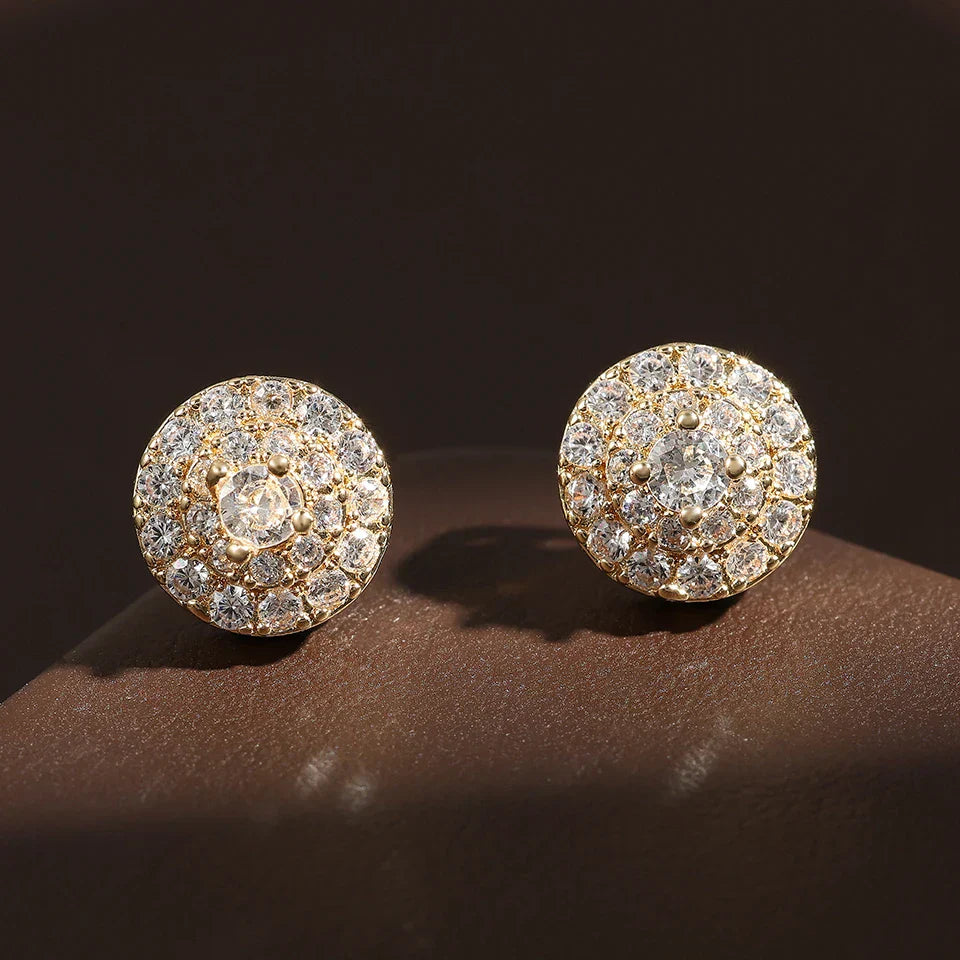 Gold-toned hip hop rock round copper zirconia earrings silver gold color metal with layered clear crystals for men and women