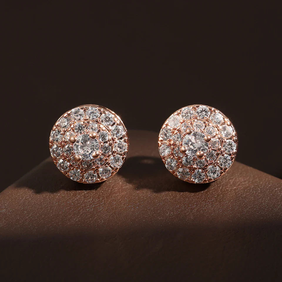 Rose gold hip hop rock round copper zirconia stud earrings silver gold metal with dazzling multi-tiered crystals