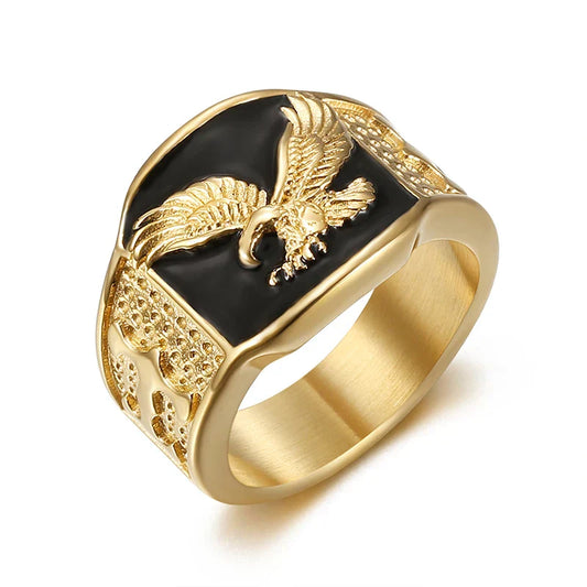 Gold-toned steel hawk eagle ring with black inlay and textured band in gold silver color for men rapper jewelry