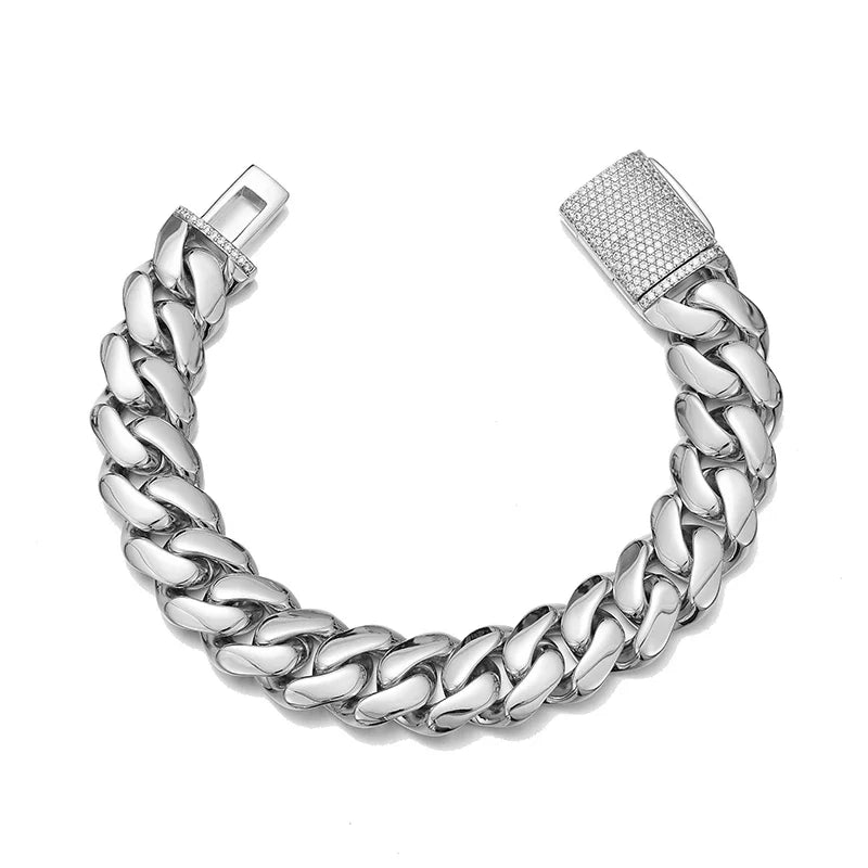 Silver-toned hop rock stainless rhombus Cuban Miami link bracelet with diamond-encrusted clasp rapper jewelry gold color