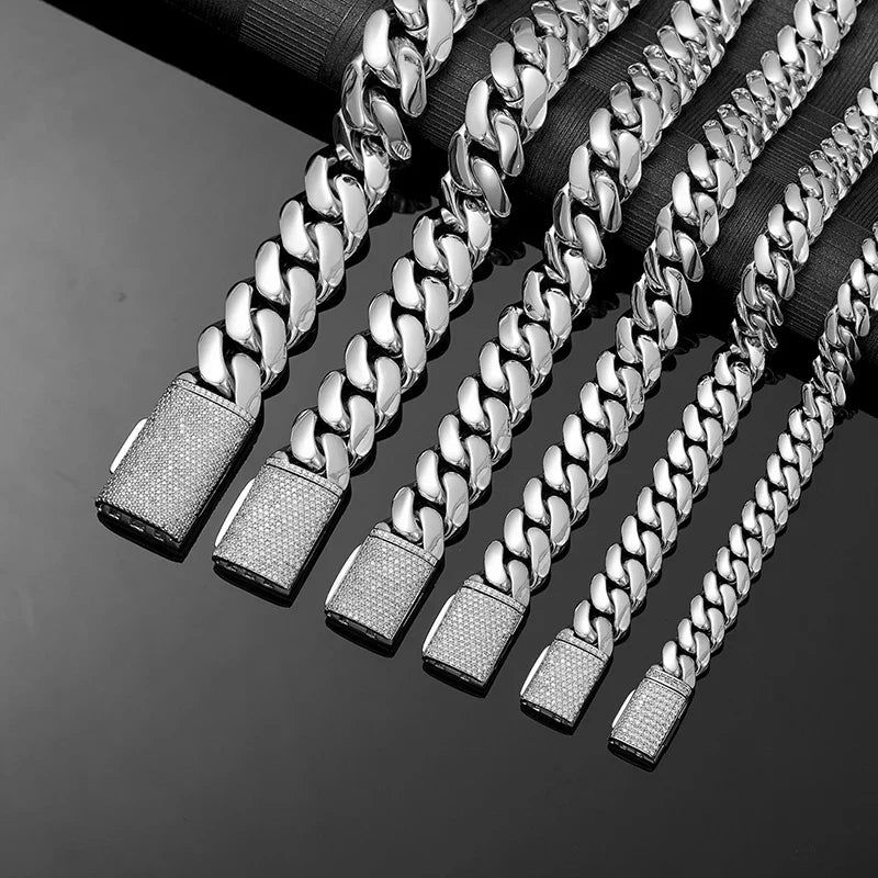 Silver rhombus cuban miami link necklace with diamond encrusted clasp in hop rock stainless rapper jewelry gold style