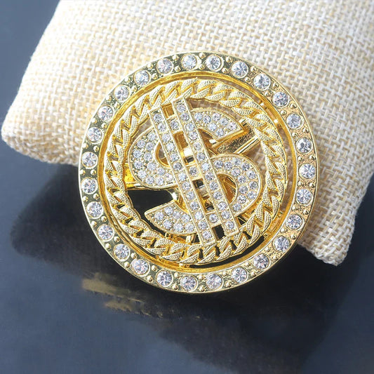 Gold-colored dollar pendant necklace with ice out crystal sign rock pendant and ornate chain-link border for rappers