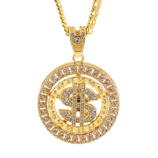 Gold-colored dollar pendant necklace with rotatable sign rock design encrusted with clear rhinestones for pendant bling rapper style