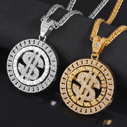 Silver and gold dollar pendant necklace with sparkling crystal embellishments hip hop sign rock pendant bling rapper jewelry