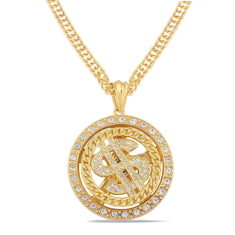 Gold hip hop rotatable dollar pendant necklace men featuring braided design and clear rhinestone crystal accents