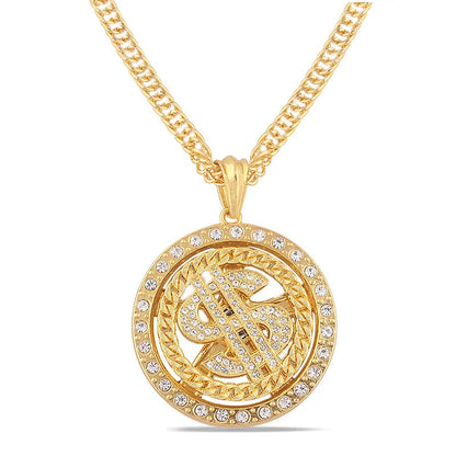 Gold hip hop rotatable dollar pendant necklace men featuring braided design and clear rhinestone crystal accents