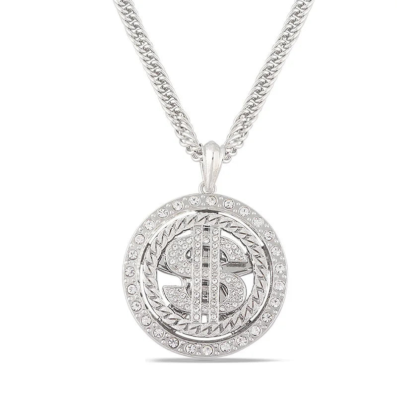 Hip hop rotatable silver dollar pendant necklace for men with braided chain and embedded ice out crystals