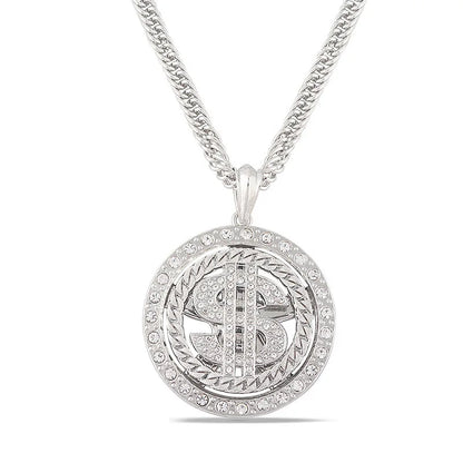 Hip hop rotatable silver dollar pendant necklace for men with braided chain and embedded ice out crystals