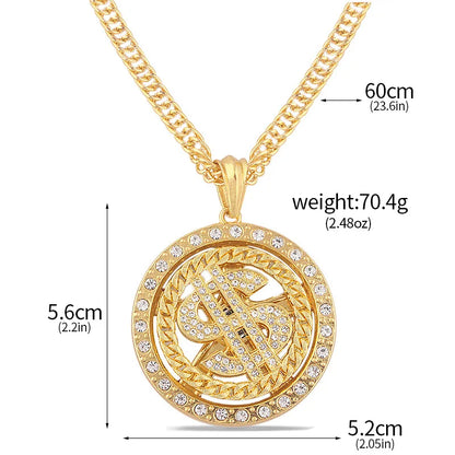 Gold-colored hip hop rotatable dollar pendant necklace for men with diamond-encrusted crystal design and chain