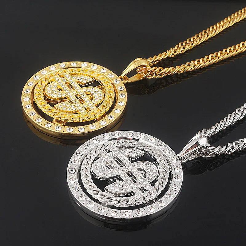 Gold and silver hip hop rotatable dollar pendant necklace men featuring crystal embellishments on braided chains