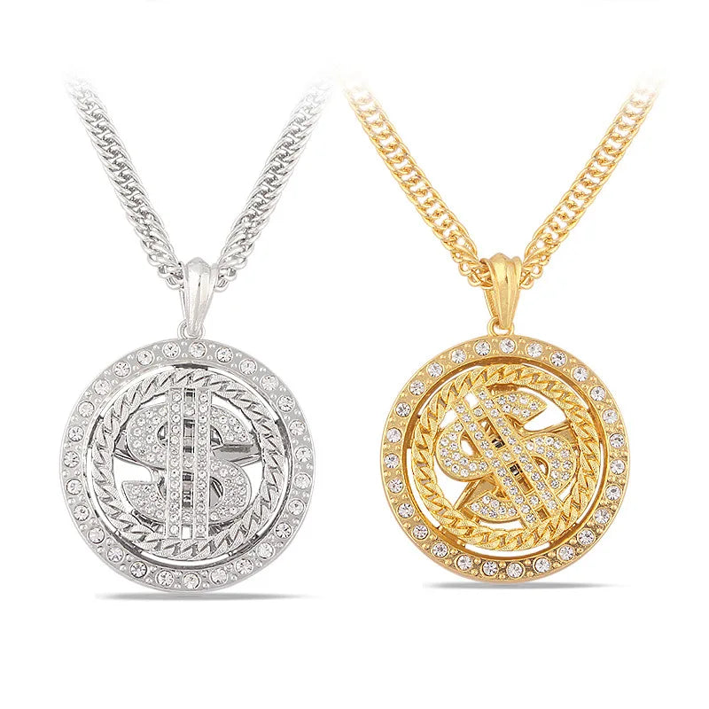 Two diamond-encrusted hip hop rotatable dollar pendant necklace men in gold and silver for rapper bling cosplay