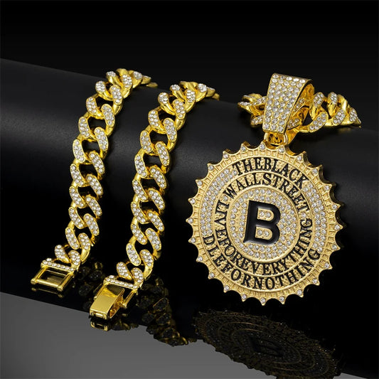 Gold-colored hip hop round pendant rapper bling with diamond-encrusted sign rock pendant and black b medallion