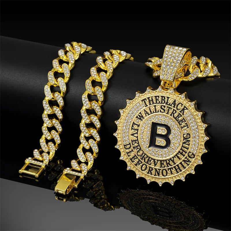 Gold hip hop round letter pendant necklace with ice out crystal rock pendant rapper jewelry featuring black b medallion