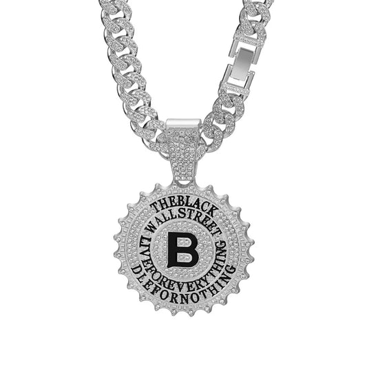 Silver hip hop round letter pendant necklace with diamond-encrusted rock pendant rapper design and black b centerpiece