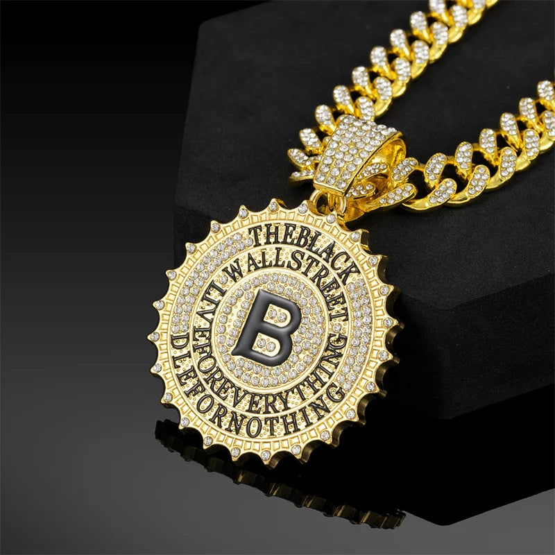Gold-plated hip hop round letter pendant necklace with black b and crystal serrated edge rock pendant rapper jewelry