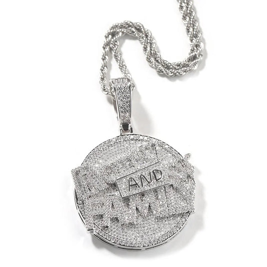 Silver coin pave crystal pendant necklace with iced out tennis chain for men rapper jewelry featuring bold and design