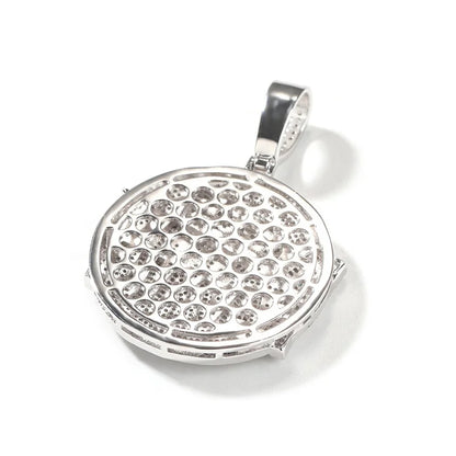 Silver circular pendant with coin pave crystal stones set in polished metal edges on men rapper jewelry tennis chain necklace