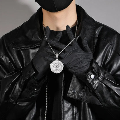 Silver diamond-encrusted circular pendant with coin pave crystal on iced out tennis chain necklace men rapper jewelry