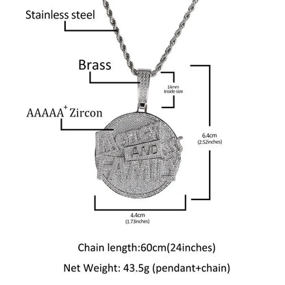 Silver-toned round coin pendant with textured aaaa zircon surface and engraved rich and text on hip hop necklace choker