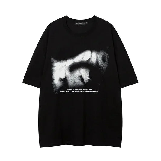 Black oversized cotton hip-hop simple personality women’s t-shirt with white eye graphic and american retro street text design