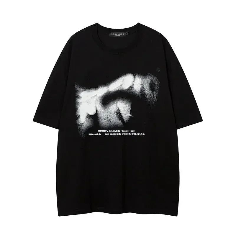 Black oversized cotton t-shirt with white spray-painted eye graphic and text for hip-hop street fashion