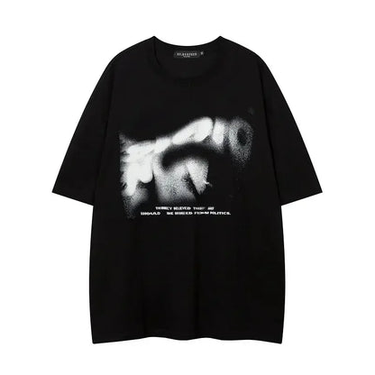 Black oversized cotton t-shirt with white spray-painted eye graphic and text for hip-hop street fashion