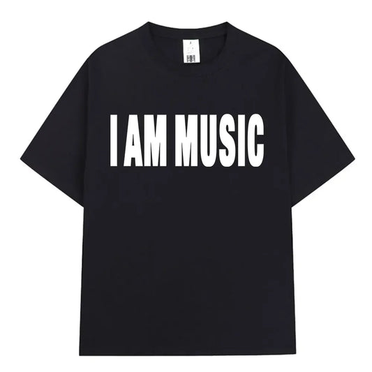 Black short-sleeved hip hop t-shirt with bold white i am music print inspired by Playboi Carti for children