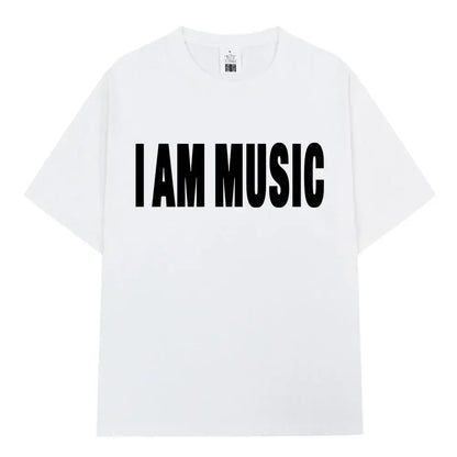 White cotton hip hop t-shirt with bold black i am music print inspired by playboi carti for children and family use