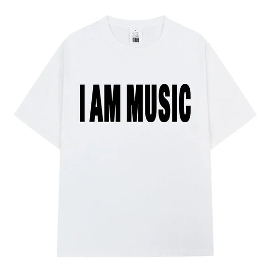 White cotton hip hop t-shirt with bold black i am music print inspired by playboi carti for children and family use
