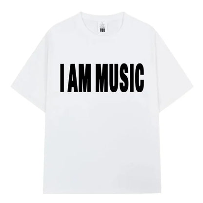 White cotton hip hop t-shirt featuring bold black i am music print inspired by Playboi Carti for children and families