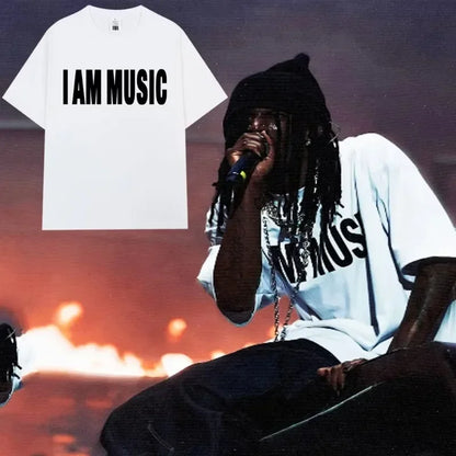 White children’s hip hop t-shirt featuring bold black i am music print inspired by Playboi Carti style