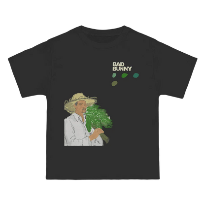 Dark gray short-sleeved cotton t-shirt with bad bunny print in straw hat featuring casual loose oversized street casual style