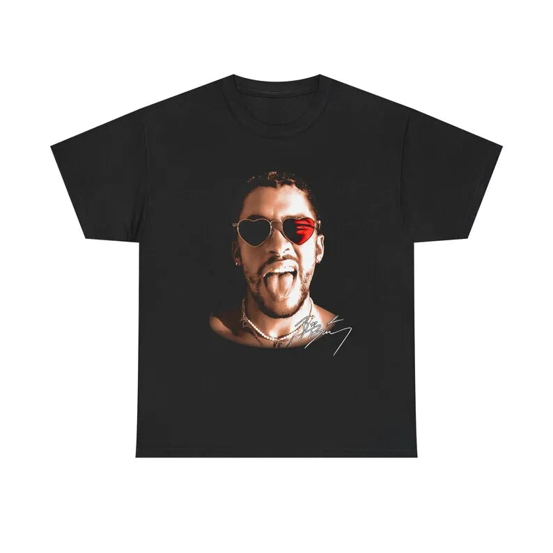 Black short-sleeved cotton t-shirt with hip-hop singer print featuring casual loose oversized street casual style