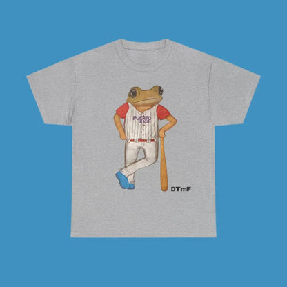 Gray heathered cotton t-shirt with singer print pattern of cartoon frog in puerto rico baseball uniform casual loose oversized